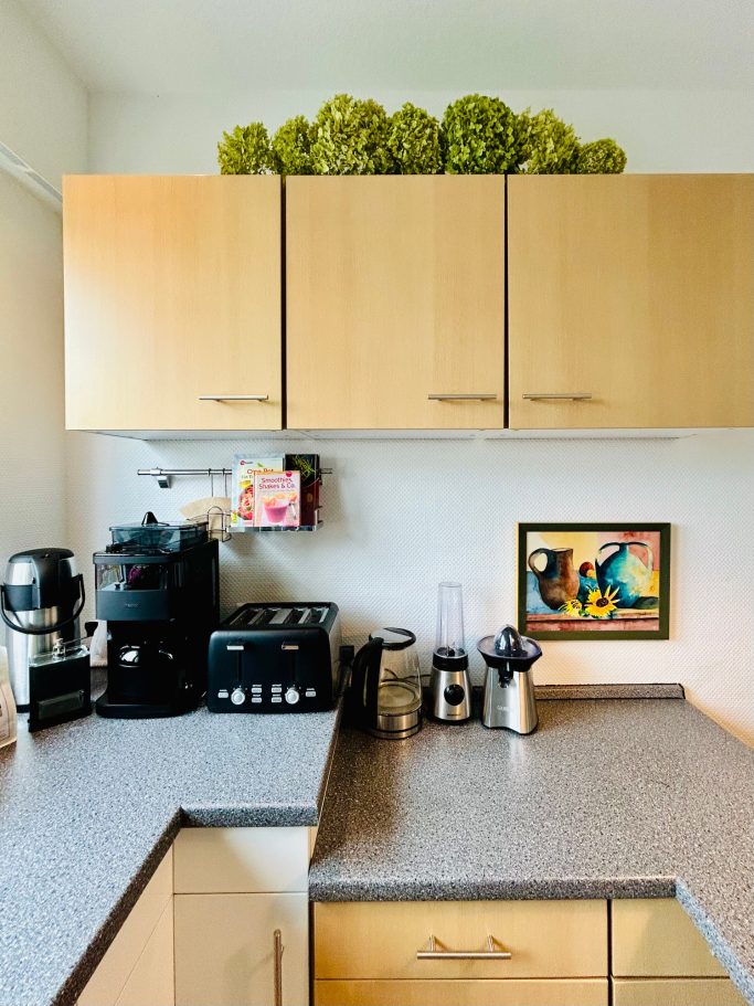 Küche 3 Moderne Küchenzeile mit Geräten, Holzschränken und Pflanzen auf dem Regal.